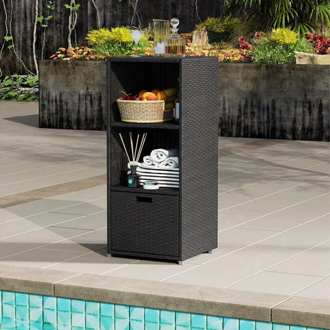 Outdoor PE Rattan Storage Cabinet With Shelves And Drawer All Weather Wicker Storage Shed Organizer by poolside