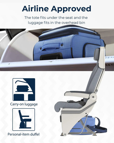 Carry On Luggage For Air Travel 20 Inch Softside Spinner Suitcase and duffel in airplane compartments.