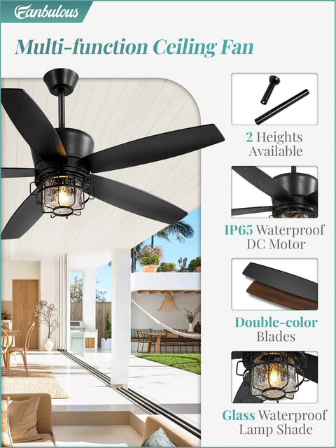 52 Inch Outdoor Ceiling Fan With Lights And Remote For Porch Patio And Gazebo, IP65 Waterproof With 6 Speed DC Motor in living room
