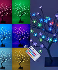 18 Inch Cherry Blossom Bonsai Tree With 48 RGB LED Lights Remote 16 Color Changing Modes 24V UL Listed Adapter Included Adjustable Branches And Metal Base For Cozy Night Light Vibe illuminated in different colors.