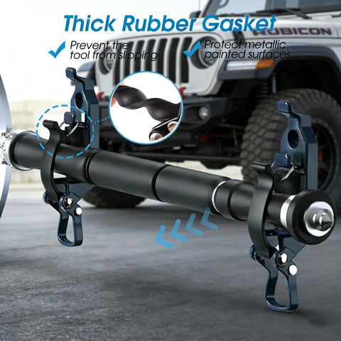 Heavy Duty Metal Shovel Mount For Roof Rack And Truck Bed, Axe Shovel Holder For Jeep Offroad UTV ATV, Quick Fist Rubber Clamp Wall Mounting Brackets Kit Grey with thick rubber gasket shown on Jeep