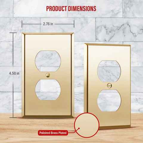 Duplex Receptacle Metal Wall Plate 1-Gang 4.50 By 2.76 Inches Brass Plated Stainless Steel showing dimensions and finish