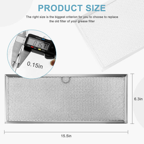 JennAir Downdraft Range Hood Grease Filter 71002111 Aluminum Mesh Replacement 2 Pack with size dimensions 15.5 x 6.3 inches and 0.15 inch thickness