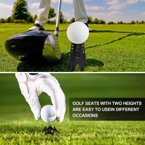 Golf Simulator Tees 24 Piece Practice Kit With 12 Tall And 12 Short Tees on grass, showing club and ball in use, PE material.