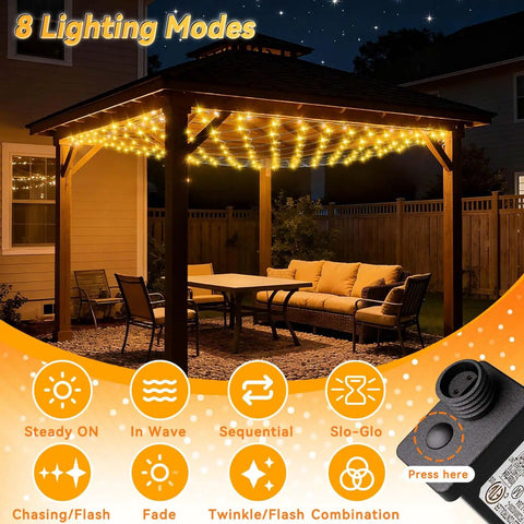 10x10Ft Gazebo Net Lights Outdoor With 200 LED Waterproof Mesh Lighting Timer 8 Modes Connectable Christmas Net Lights