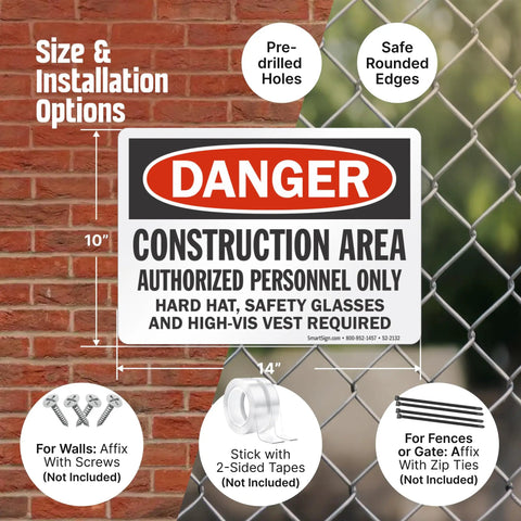 Heavy Duty Aluminum Danger Sign For Construction Area Locking Out Unauthorized Crews With Straight Up Rust Resistant Outdoor Wall Mounts For Any Day One Job Site Project, 10x14 inch