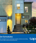 Rock Solid Outdoor Smart Plug With Dual Independently Controlled Outlets And Hella Reliable IP65 Weather Resistance For Seamless Matter Compatible Smart Home Automation And Voice Control, featured in outdoor setting with scheduled lights and sprinkler.