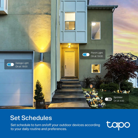 Rock Solid Outdoor Smart Plug With Dual Independently Controlled Outlets And Hella Reliable IP65 Weather Resistance For Seamless Matter Compatible Smart Home Automation And Voice Control, featured in outdoor setting with scheduled lights and sprinkler.