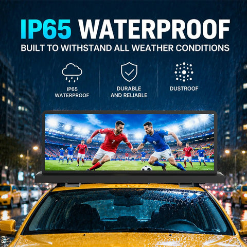 Smooth Rolling P2.5 Double Sided Taxi Roof Led Display With Dope Bright 4K Video Clarity And Sweet Contrast That Keeps Commuters Staring At Your Ads Right Now on a taxi in rain.