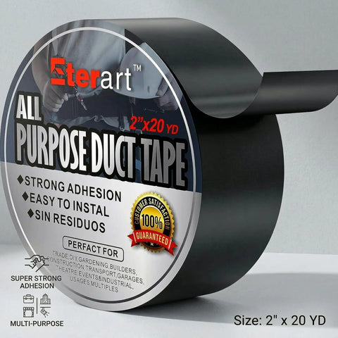 Heavy Duty Black Duct Tape With Tear By Hand And No Residue Adhesive Industrial Strength Waterproof All Purpose Tape For Moving Outdoor Repair And Home DIY 2 Inch By 20 Yards Grab And Go Tough As Nails, roll with label showing features.