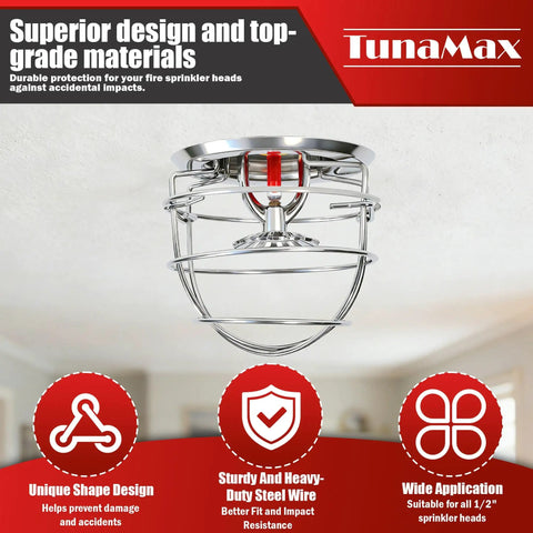 Rock Solid Six Pack 1/2 Inch Fire Sprinkler Head Guard And Cage Protector Cover securely mounted on a ceiling, preventing impacts.
