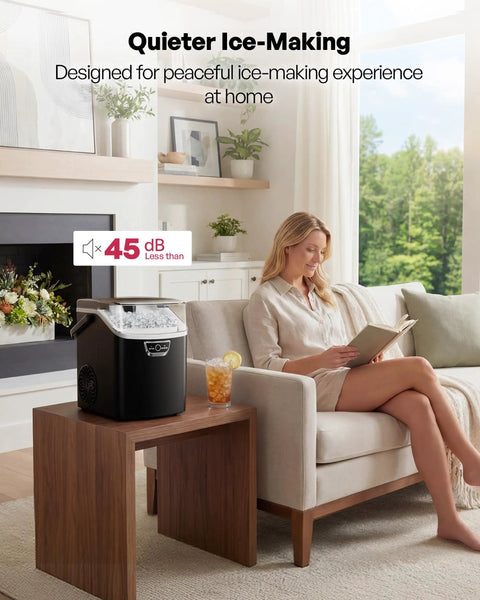 Woman reading near Nugget Ice Maker Countertop With Handle Ready In Four Minutes Produces Up To Forty Pounds Per Day Chewable Sonic Ice