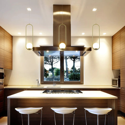 Modern kitchen with three Integrated LED Pendant Light In Antique Brass With White Glass Shade over island