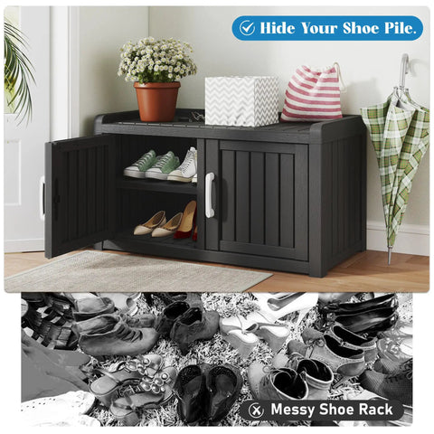 Two Tier Storage Bench Cabinet For Shoes Waterproof UV Resistant Outdoor Shoe Organizer With Two Doors And Adjustable Shelves Perfect For Indoor Outdoor Entryway Hallway And Living Room Black, open doors showing stored shoes and shelves