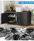 Side view of All-Weather Resin Outdoor Shoe Storage Cabinet with barn doors and bench, in black, showing adjustable shelves.