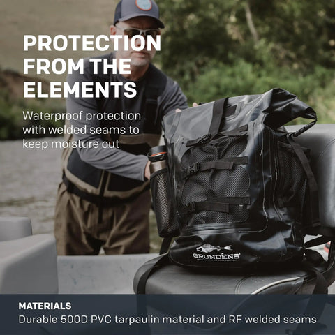 Man with Rum Runner Gage Tech Waterproof Backpack For Fishing And Outdoors on boat, showcasing rugged dry storage