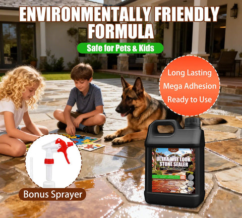 Top Shelf Wet Look Stone Sealer One Gallon Ultra Gloss Paver And Concrete Coating in use with kids and dog on sealed patio.