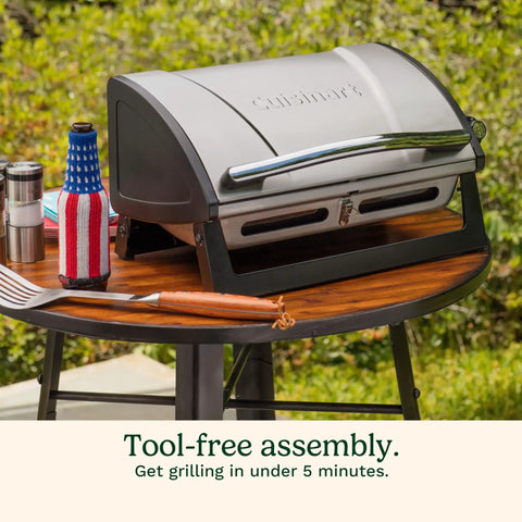 Portable Stainless Steel Gas Grill With Locking Lid For Easy Transport 8000 BTU Propane Grill on a patio table