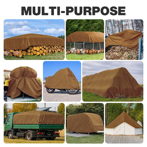 Multiple views of Beefy Heavy Duty Canvas Tarp 10x12 Ft 12 Oz 350 GSM Polyester used to cover wood, trailers, and outdoor equipment.