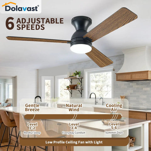 Low Profile 48 Inch Ceiling Fan With Lights And Remote Control Flush Mount Dope Sleek Black Finish Reversible Blades in kitchen