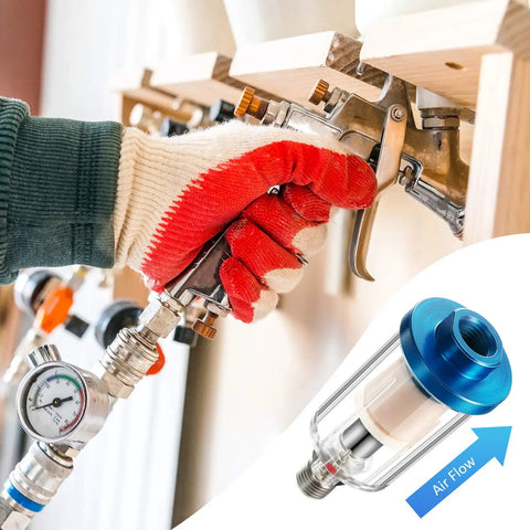 Triple Pack Compressed Air Filter And Water Oil Separator With 1/4 Inch NPT Inlet And Outlet For Airbrush Air Line And Compressor Fittings Moisture Separator For Pros And Hobbyists Up To 90 PSI in use with spray gun.