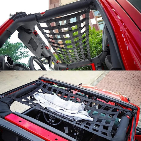 Heavy Duty Cargo Lifting Net 2X2M features beefy 15 cm mesh weave seen inside a car, securing items on the roof.