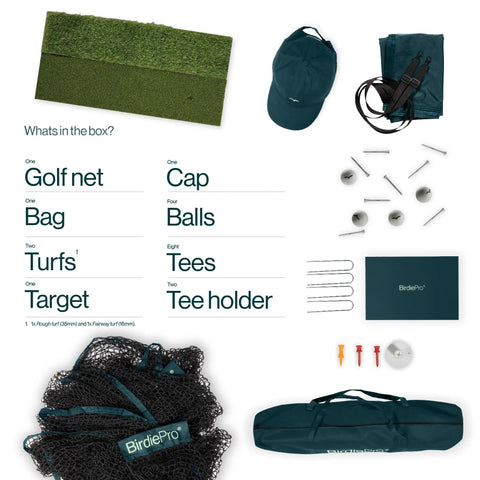Complete set contents of Pro Golf Practice Net 10 By 7 Feet Heavy Duty Hitting Net With EchoShield Target and accessories