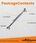 Universal Front End Tubular Travel Limiters Weld On Quick Adjustable For Drag Race Cars With Lower Control Arm Mounts Built To Be Durable Lightweight And Easy Pin Replacement For Max Front End Travel Control. Package contents: 2 limiters, 2 quick pins, 4 clevises, 4 bolts.