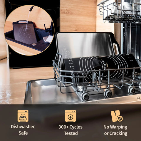 Matiks stainless steel cutting board set, 16x11 in, double-sided, dishwasher-safe, shown in a dishwasher rack