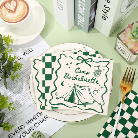 50 Pcs Camp Bachelorette Party Cocktail Napkins 3 Ply Disposable Paper Napkins Beige And Green Plaid Checkered Design