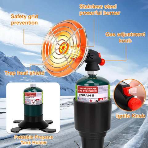 Portable Propane Golf Cart Heater With Cup Holder And Cylinder Base 2 In 1 Outdoor Space Heater For Tents Camping Hunting Ice Fishing Cordless Camping Heaters showing safety grid and stainless steel burner.