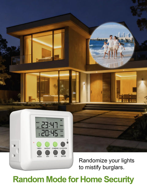 Heavy Duty Dual Outlet Programmable Timer Plug For Set It And Forget It Scheduling Plus Smooth Interval Cycling To Keep Electronics Humming At 15 Amps Indoors, shown in a well-lit home setting.