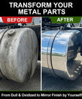 Before and after of metal part polished with Pro Grade Aluminum Polishing Kit For Angle Grinder With 8 Inch Airway Buffing Wheel.