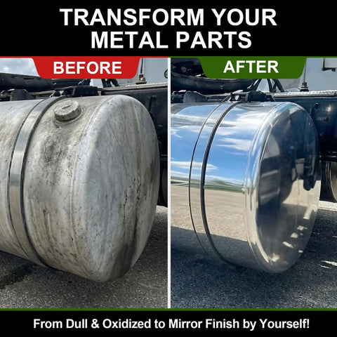 Before and after of metal part polished with Pro Grade Aluminum Polishing Kit For Angle Grinder With 8 Inch Airway Buffing Wheel.