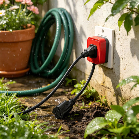 Hella Durable 3 Ft Outdoor Extension Cord With Snappy Inline Switch And Bright Led Indicator 3 Prong Grounded 14 3 Sjt Cable For Backyard Gear And Patio String Lights Real Deal Weather Ready Power Solution Black plugged into a wall outlet in a garden.