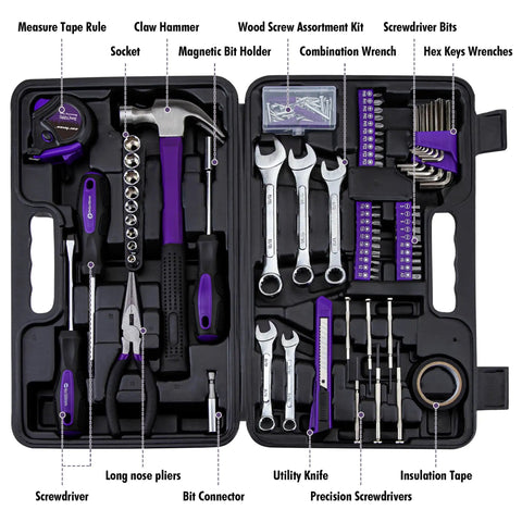 148 Piece Automotive And Household Tool Set With Purple Case for Home Repairs and DIY Projects in labeled case compartments