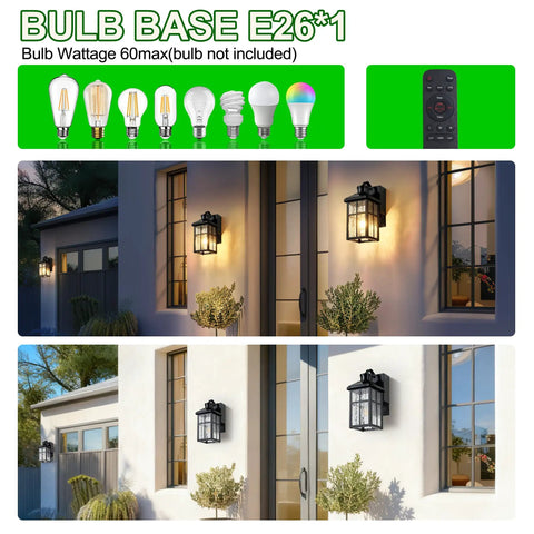 Outdoor Wall Light With GFCI Outlet And Remote Plug In Porch Lighting Black Finish Shown On Wall With Bulb Options