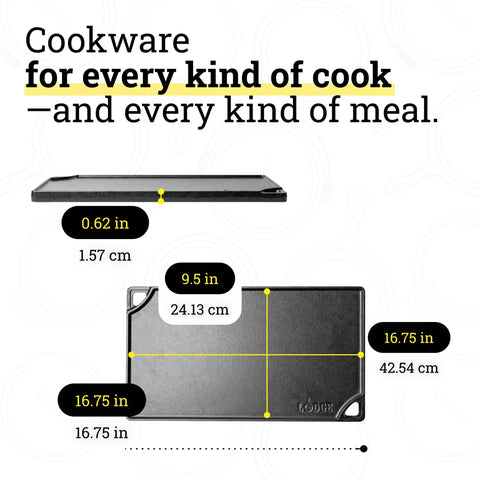 Dimensions of Reversible Cast Iron Grill And Griddle Pan For Two Burners 16.75 By 9.5 Inches Preseasoned PFAS Free Cookware