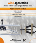 Roller Chain Tools Kit For 60 To 100 Chains Includes Connecting Holder, Puller, Detacher, Breaker, And Cutter shown with specs