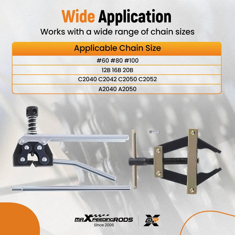 Roller Chain Tools Kit For 60 To 100 Chains Includes Connecting Holder, Puller, Detacher, Breaker, And Cutter shown with specs