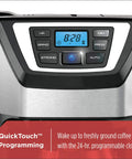 Close-up of the programmable interface of a 12 Cup Coffee Maker With Built In Grinder And Brew System For Fresh Ground Coffee Every Morning Programmable Auto Start Easy To Use Black Finish For Busy Mornings And Fresh Cup Every Time.
