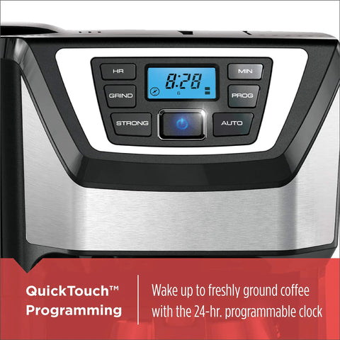 Close-up of the programmable interface of a 12 Cup Coffee Maker With Built In Grinder And Brew System For Fresh Ground Coffee Every Morning Programmable Auto Start Easy To Use Black Finish For Busy Mornings And Fresh Cup Every Time.