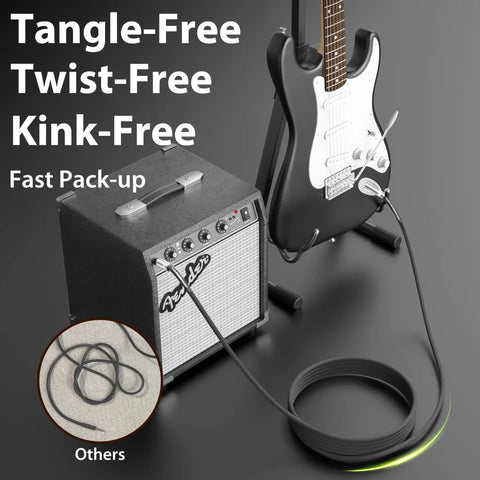 Heavy Duty Two Pack Guitar Cable Ten Foot Each With Kevlar Reinforced 20 AWG 99.99 Percent OFC Copper Cable on amp and guitar