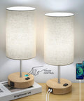 Set Of 2 Bedside Lamps With USB Ports And AC Outlet Touch Control 3 Way Dimmable Wooden Base Nightstand Lamps With Beige Fabric Shade