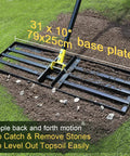 Heavy Duty Lawn Leveling Rake With 72 Inch Long Handle And 31 Inch Head smooths uneven grass on soil with stones