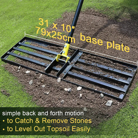 Heavy Duty Lawn Leveling Rake With 72 Inch Long Handle And 31 Inch Head smooths uneven grass on soil with stones