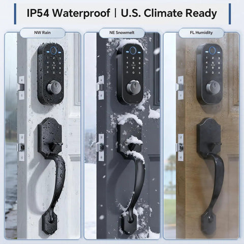 Secure Your Home Base For Good With This Top Shelf 7 In 1 Smart Front Door Lock Set featuring sturdy handle in various climates.