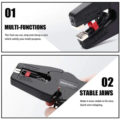 Automatic Wire Stripper And Cutter 2-In-1 Tool with Auto Distance Positioning showing multi-function and stable jaws