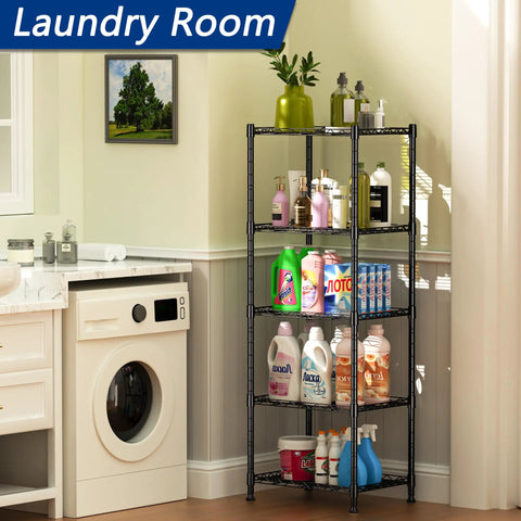 Built Tough Five Tier Wire Shelving Unit Black Metal Storage Rack With Adjustable Height For Laundry Room Kitchen Pantry Closet, organized with cleaning supplies.