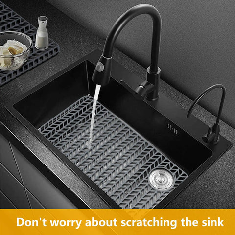 Dope Silicone Sink Protector Mats For Kitchen Sinks Anti Scratch Bottom Mats in grey placed inside black sink with water running